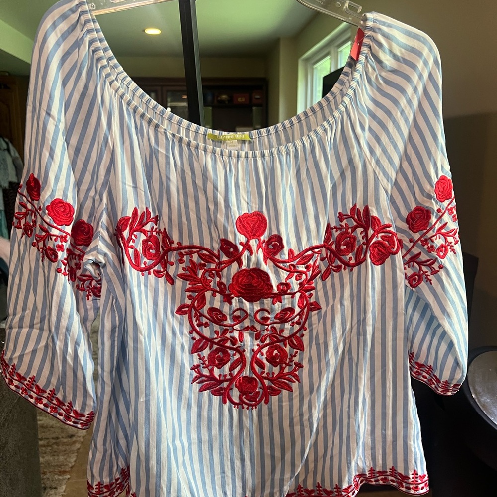 Gianni Bini Blue and White Striped Blouse with Red Embroidery